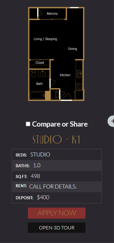 Floor plan for studio, 1 bath, 498 sqft